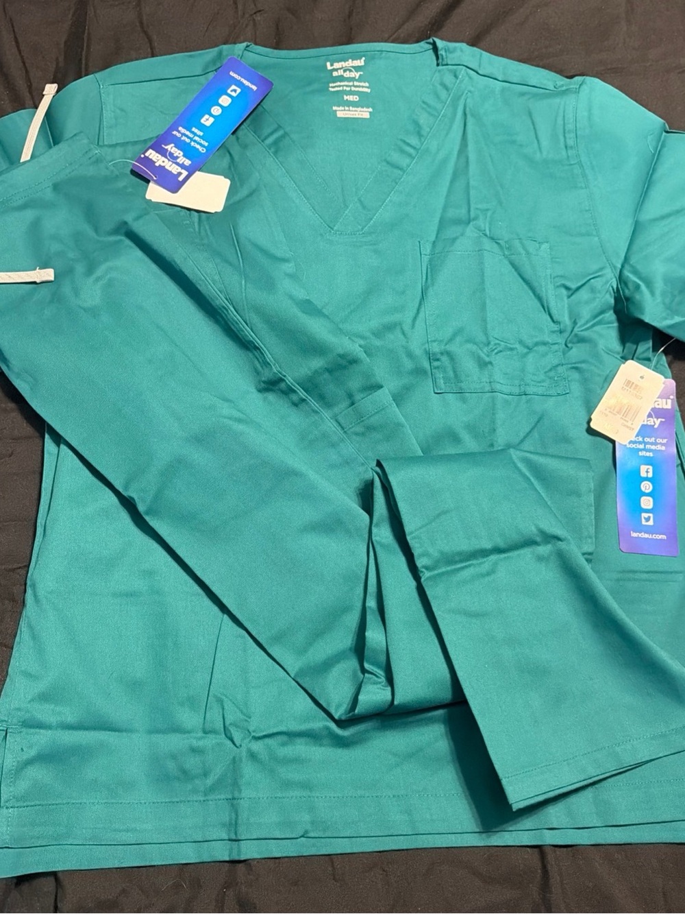 Landau Hunter Green V-Neck Medical Scrub Top with Chest Pocket